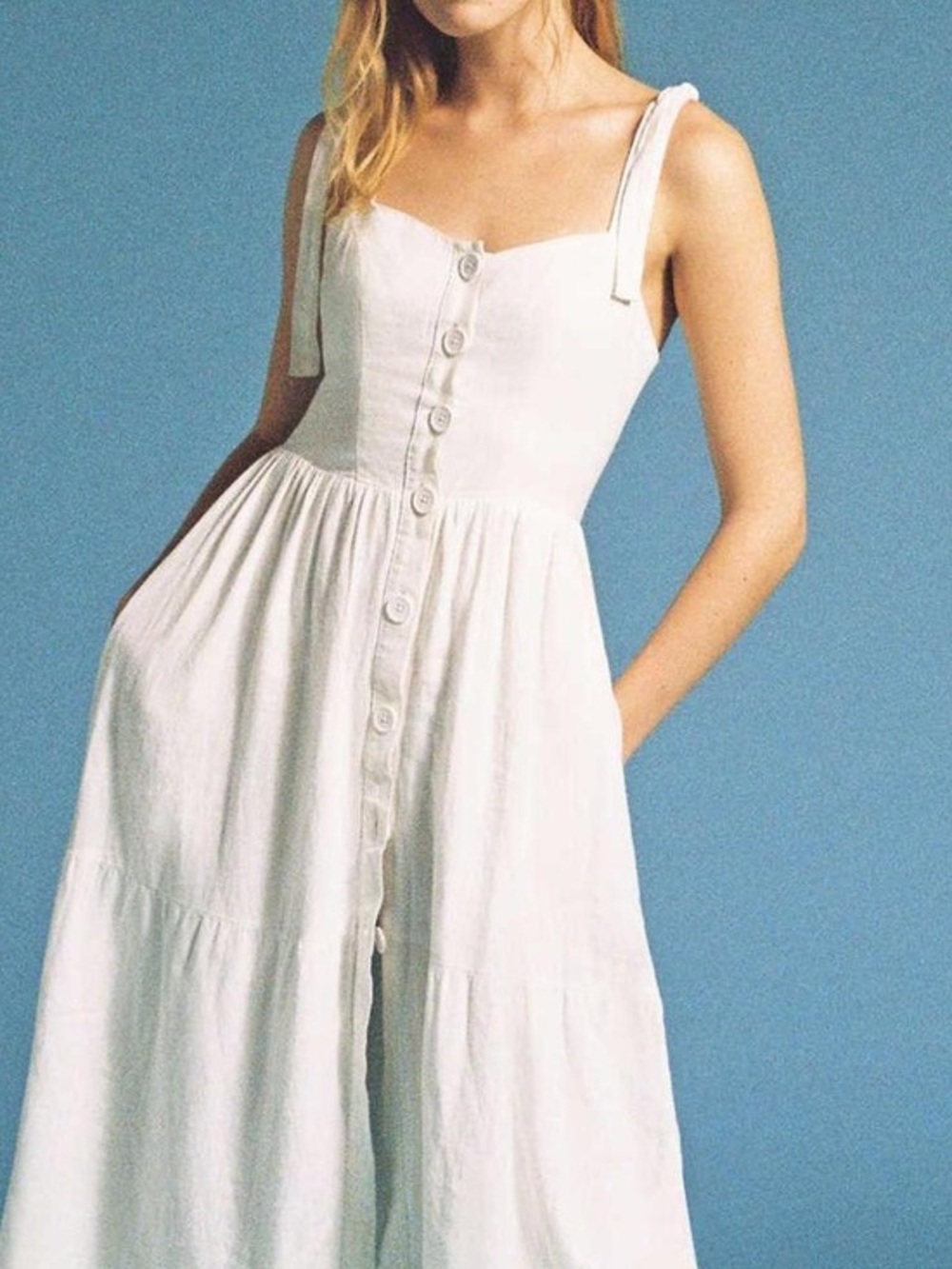 Urban Outfitters Ivory Tie-Shoulder Button Midi Dress